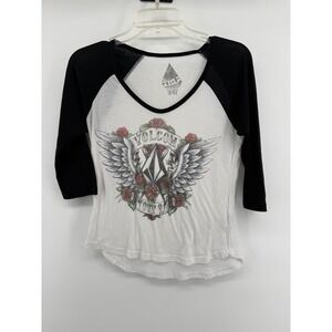 Y2K Volcom Womens White Black Baseball Tee Shirt Wings Roses Graphic XS